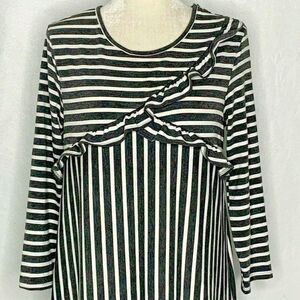 Emberley Striped Midi Dress M Black White A Line Long Sleeve Ruffles Jersey Knit